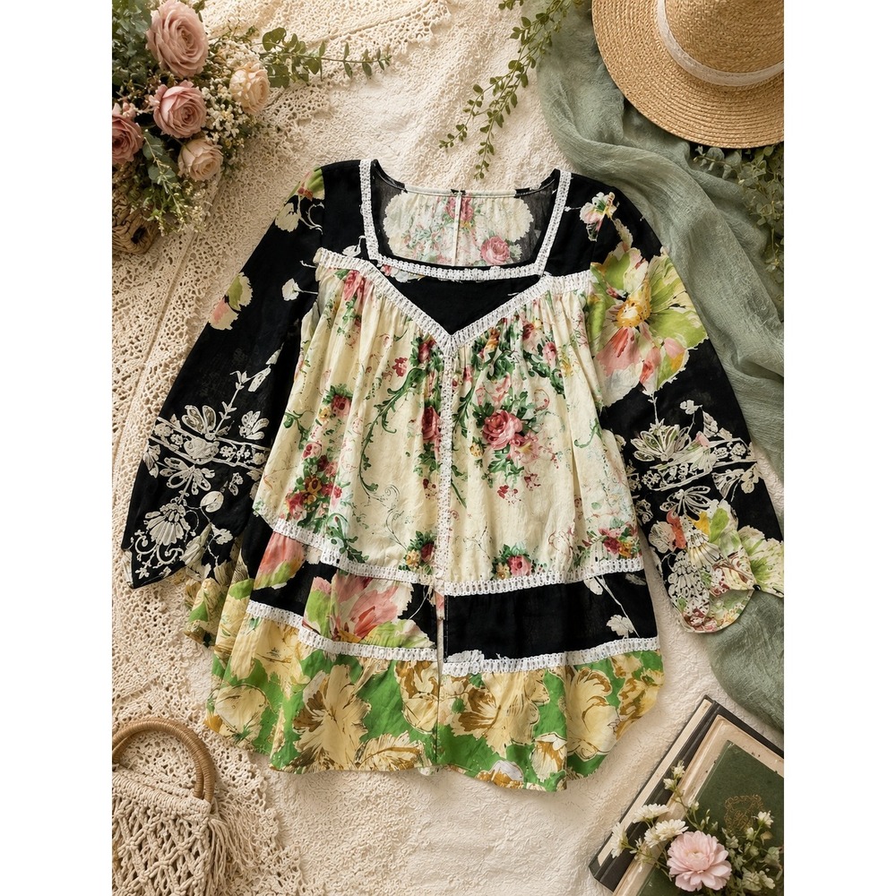 Vanessa Virginia Anthropologie 4 Black Floral Boho Peasant Crochet‎ Cutout Tunic